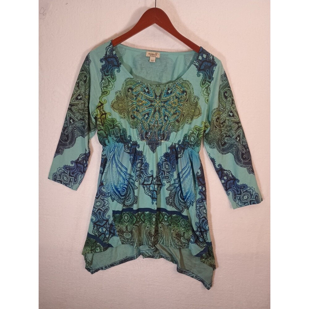 One World Live and Let Live Studded 3/4 Sleeve Top Women's Size L Large